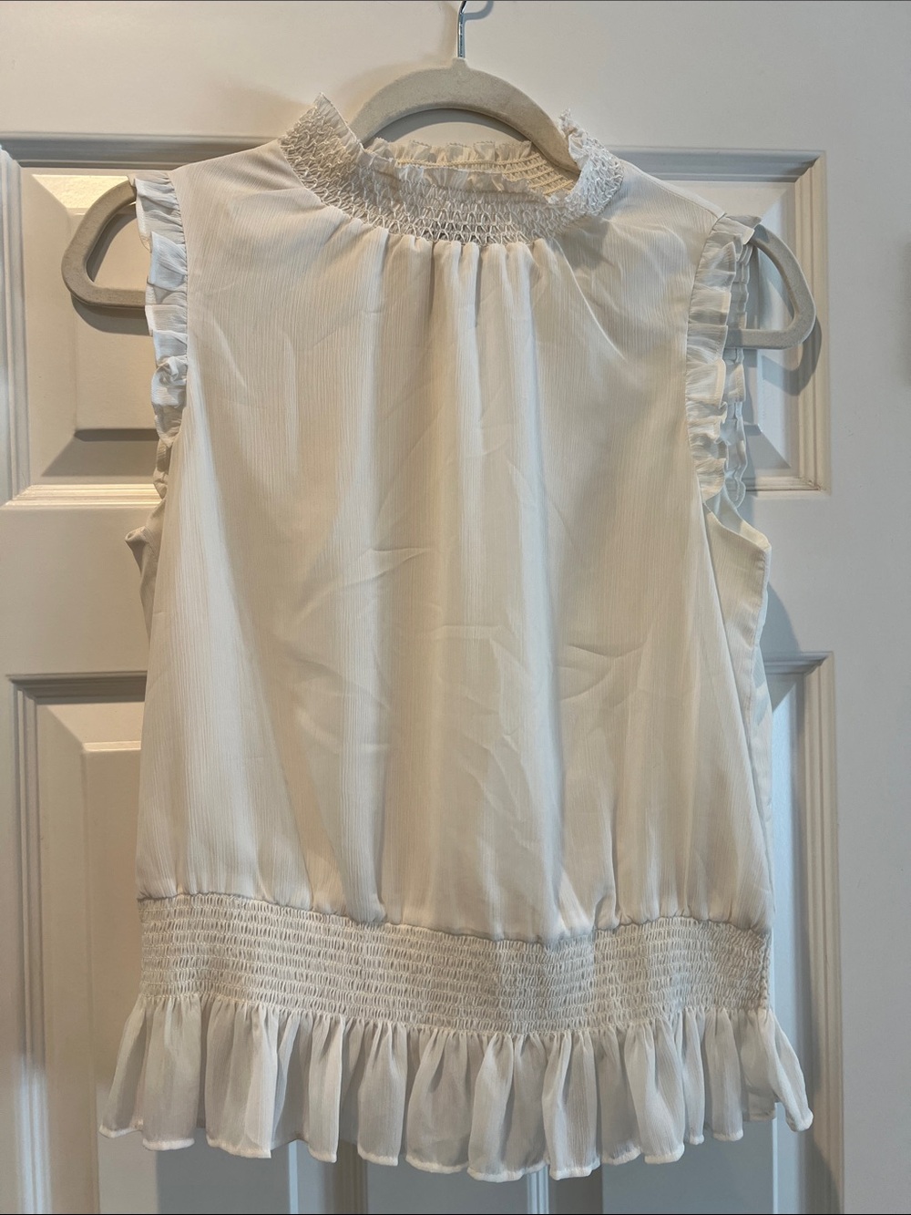 White Smocked Neck & Waist Ruffle Tank Top